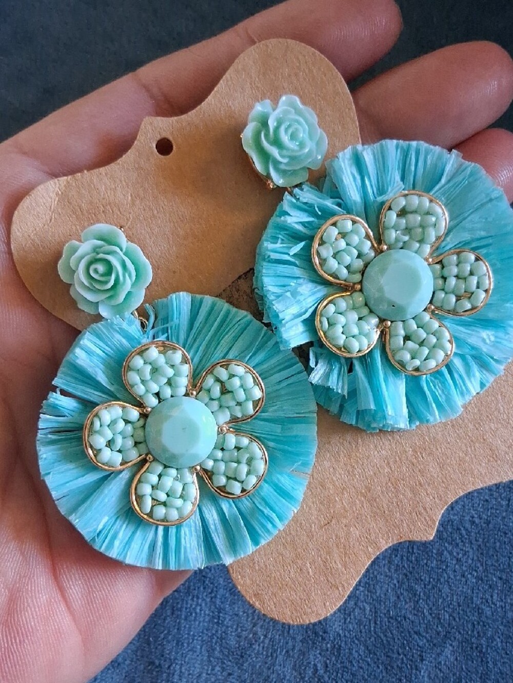 lonna & lilly Aqua Flower Raffia Drop Earrings with Resin Rose Studs - Picture 3 of 4